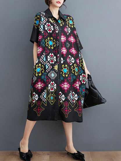 Loose Short Sleeves Ethnic Printed Lapel Midi Dresses