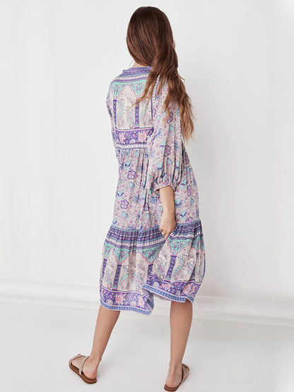 Flowy Dress V-Neck Three Quarters Sleeves Boho Midi Dresses