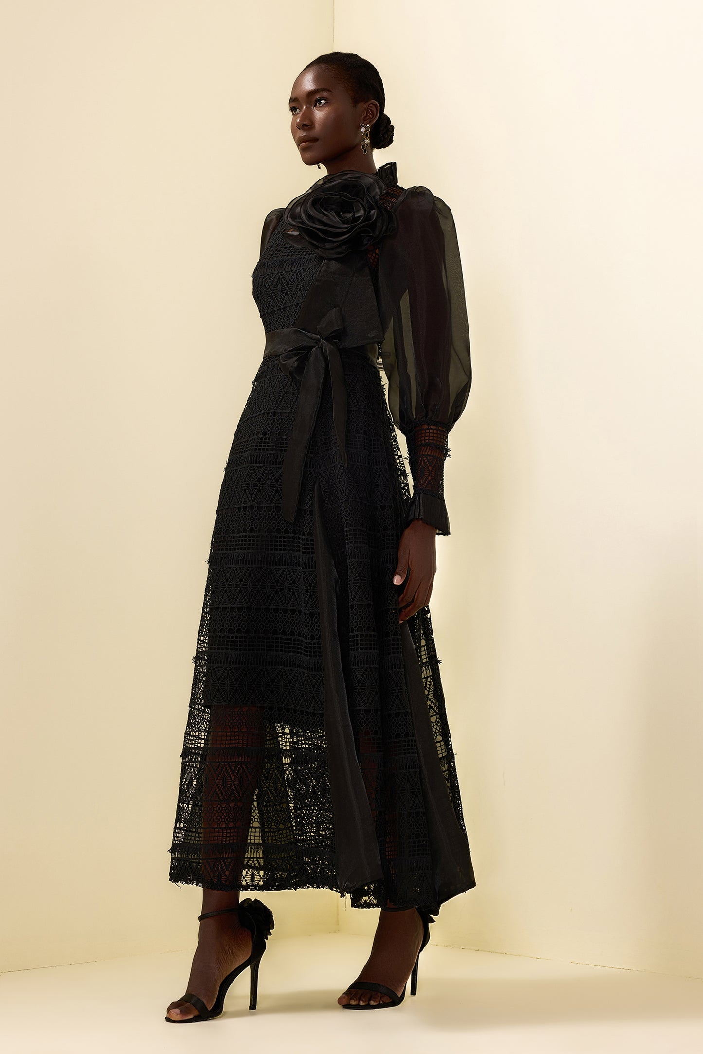 3D Flower Lace Puff Sleeve Midi Dress Black