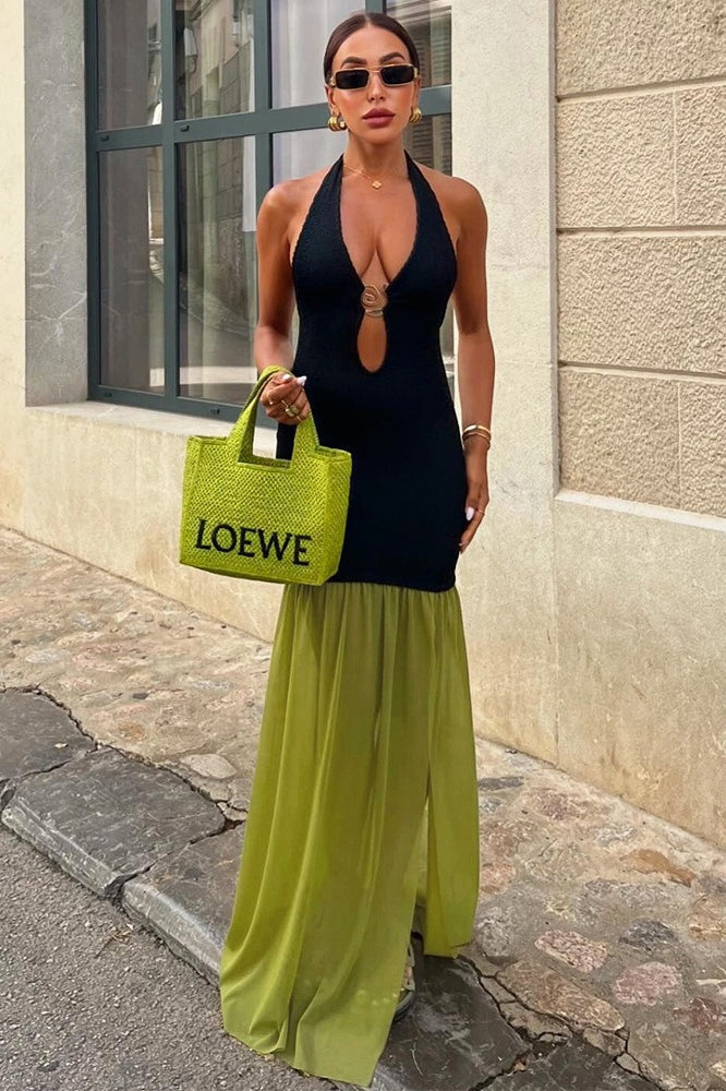 Halter Neck Keyhole Metal Accent Sheer Panel High Split Maxi Dress