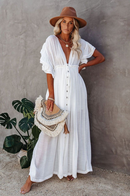 Deep V-Neck Flutter Sleeve Button Front Drawstring Waist Maxi Dress