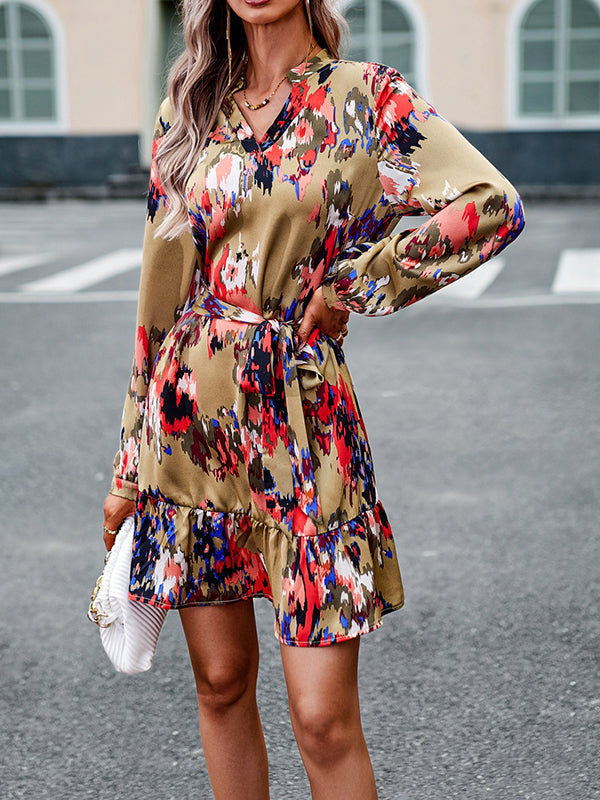 Long Sleeves Loose Printed Split-Joint Tied Waist V-Neck Mini Dresses