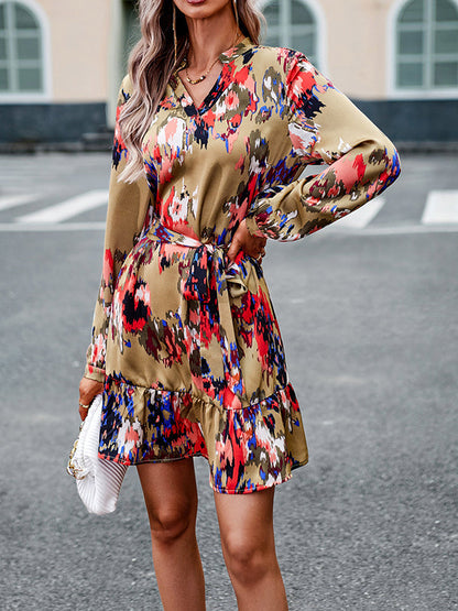 Long Sleeves Loose Printed Split-Joint Tied Waist V-Neck Mini Dresses