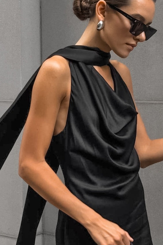 Cowl Neck Halter Satin Column Maxi Dress