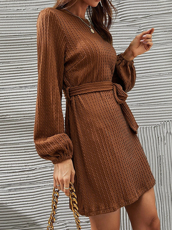 Long Sleeves Loose Hollow Solid Color Tied Waist Round-Neck Mini Dresses