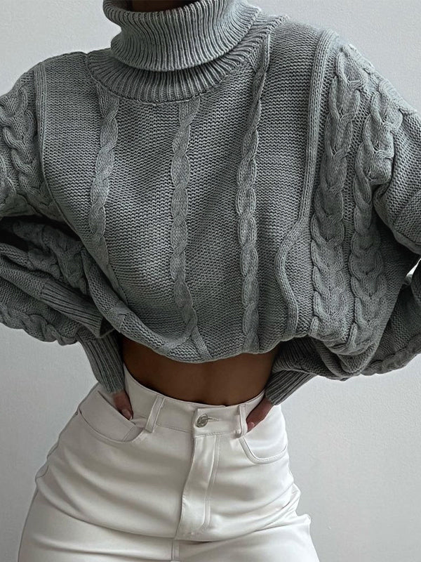 Solid Cable Knit High Neck Sweater