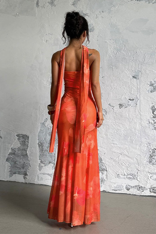 Strapless Tropical Floral Mesh Ruched Neck Scarf Detail Mermaid Maxi Dress