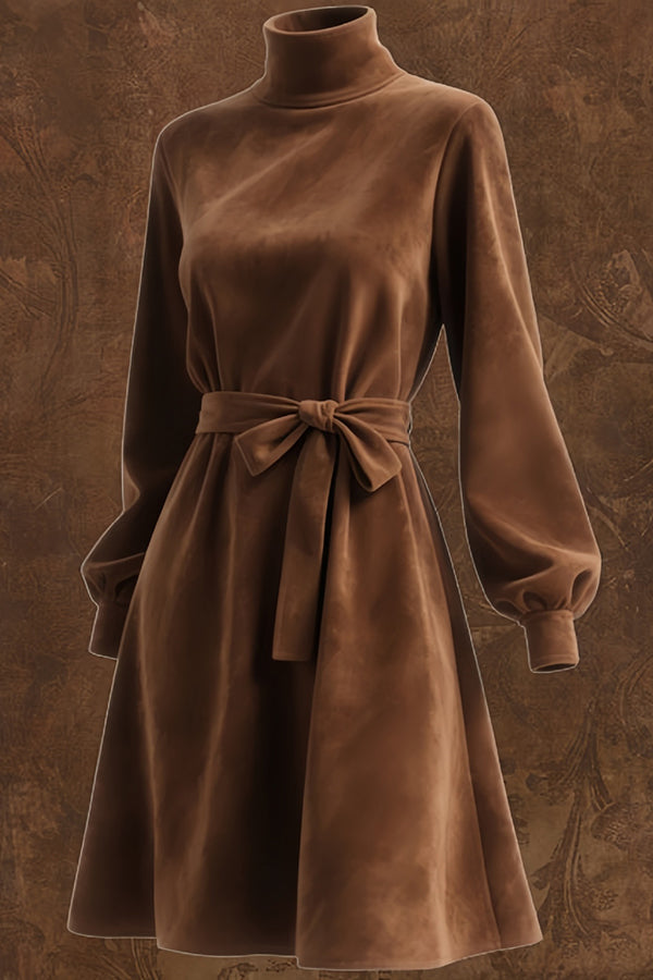 Stylish Suede Turtleneck Long-sleeved Tie-waist Casual Mini Dress