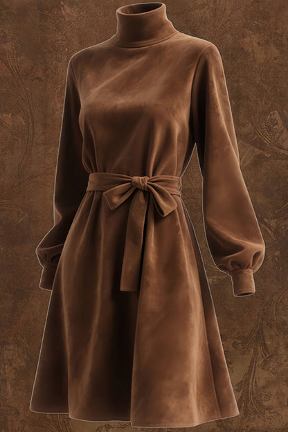 Stylish Suede Turtleneck Long-sleeved Tie-waist Casual Mini Dress
