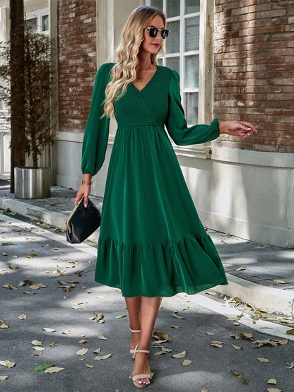 Midi Dress V Neck Lantern Sleeves Pleated Flared Daily Casual Dresses