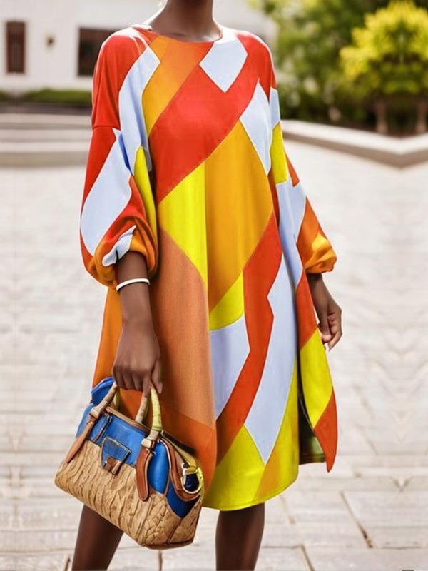 A-Line Long Sleeves Contrast Color Elasticity Printed Split-Joint Round-Neck Midi Dresses