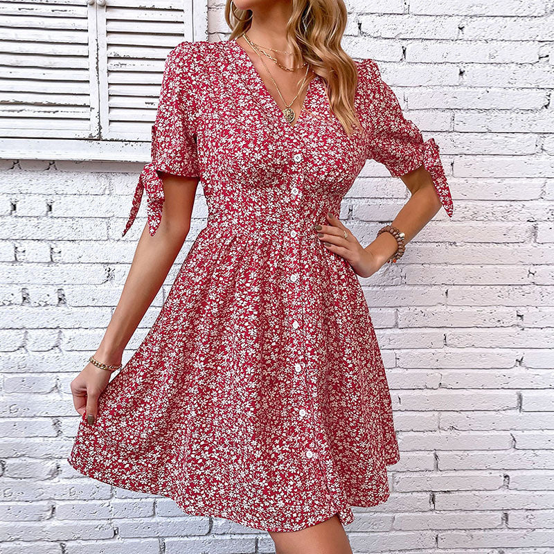 V-Neck Floral Print Split Mini Dress in Red for Women