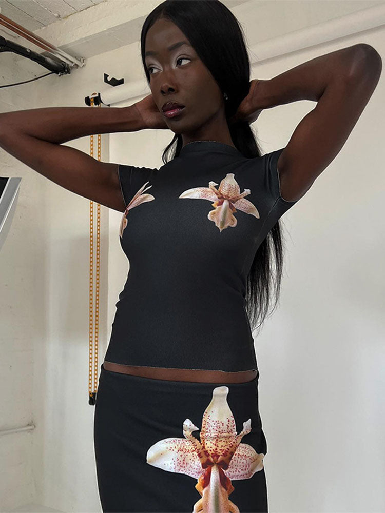 TARUXY Flower Mini Dress Set Women Summer Bodycon O Neck Slim Crop Tops Ladies Beach Sexy Slim Skirt 2 Piece Sets Womens Outfits