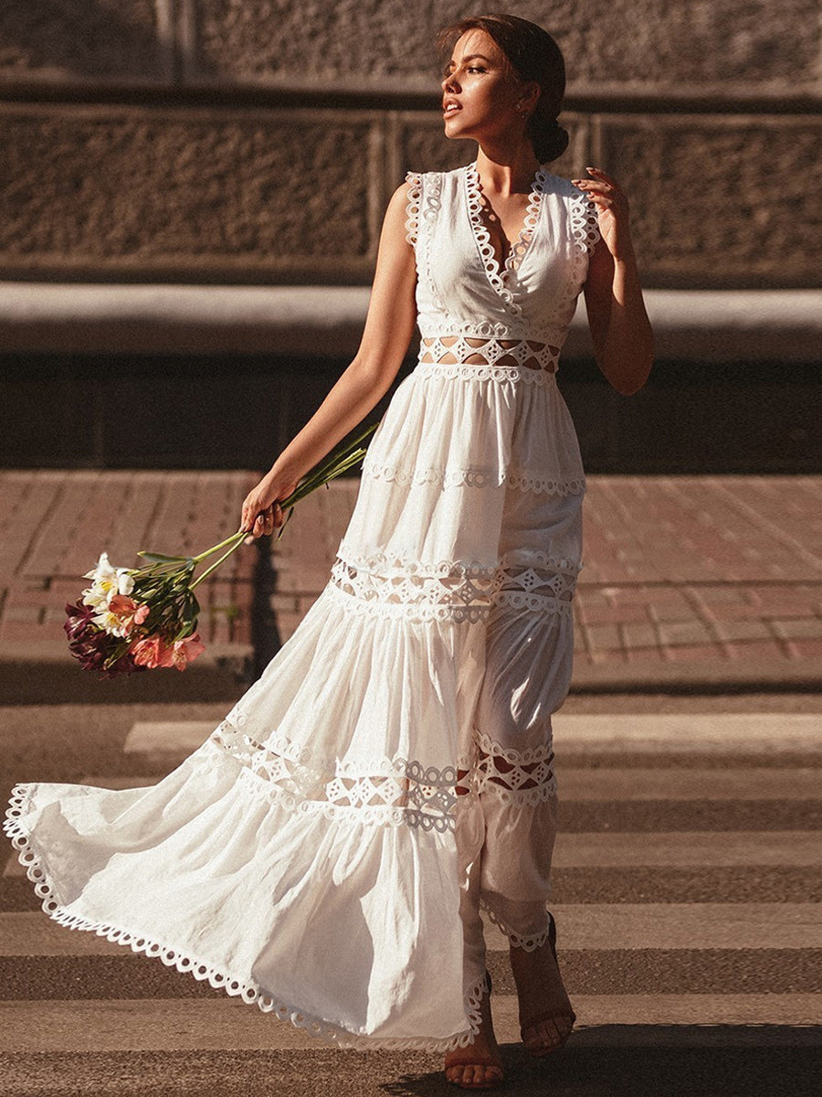 A-Line Dress Cutout Surplice Neck Sleeveless Summer Casual Midi Dresses
