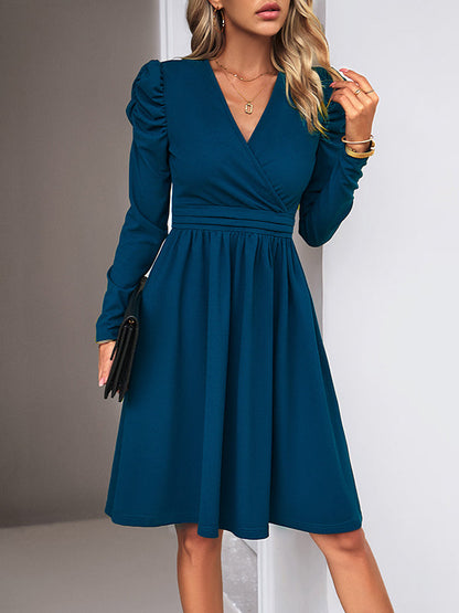 Puff Sleeves Skinny Pleated Solid Color Split-Joint V-Neck Midi Dresses