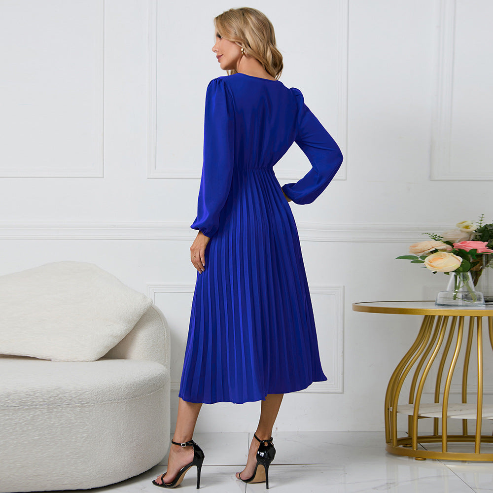 Wrap Surplice V-Neck Bishop Sleeve Sunray Pleated Belted Midi Dress