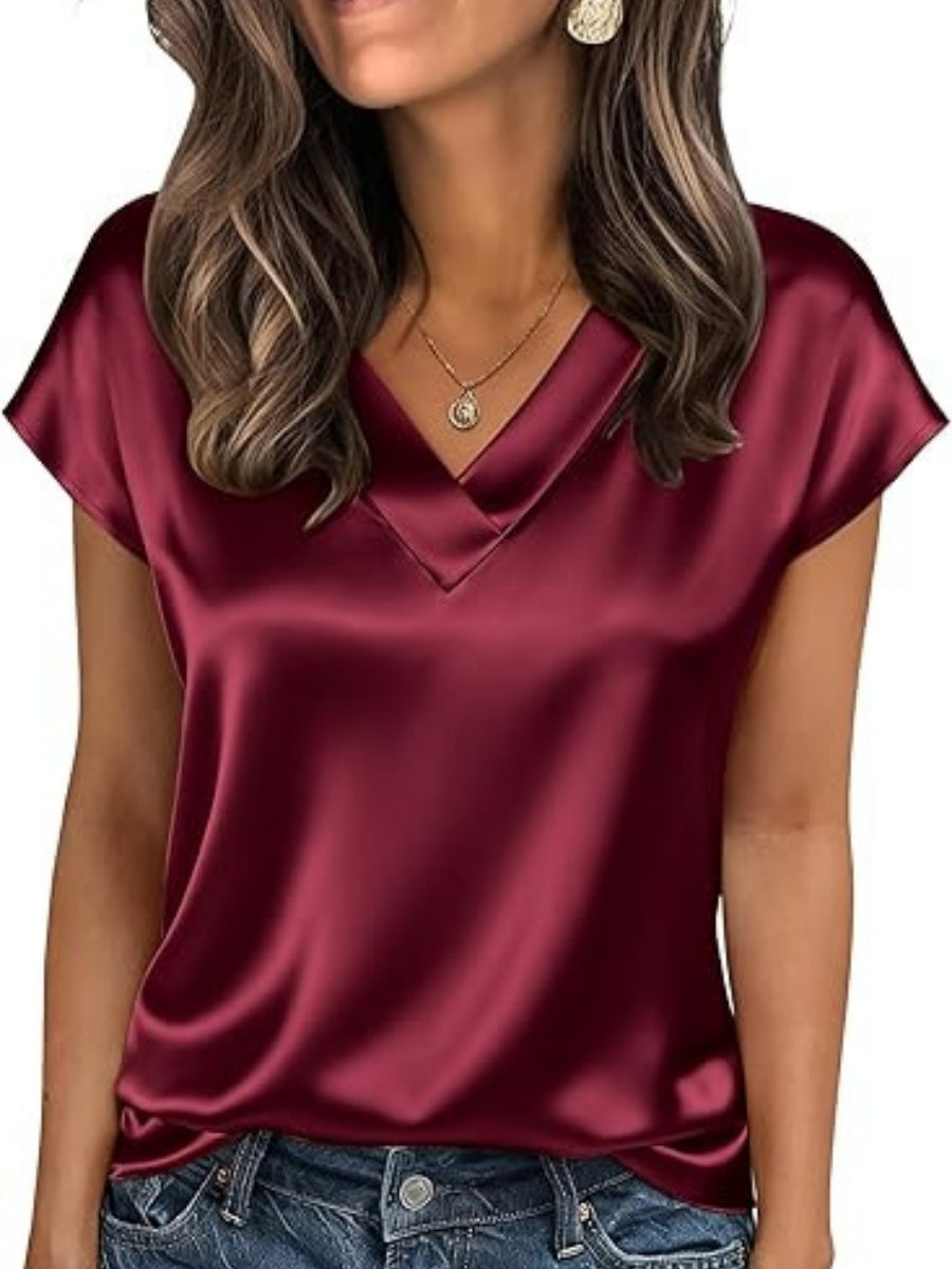 V-neck Satin Leisure Solid Color T-shirts
