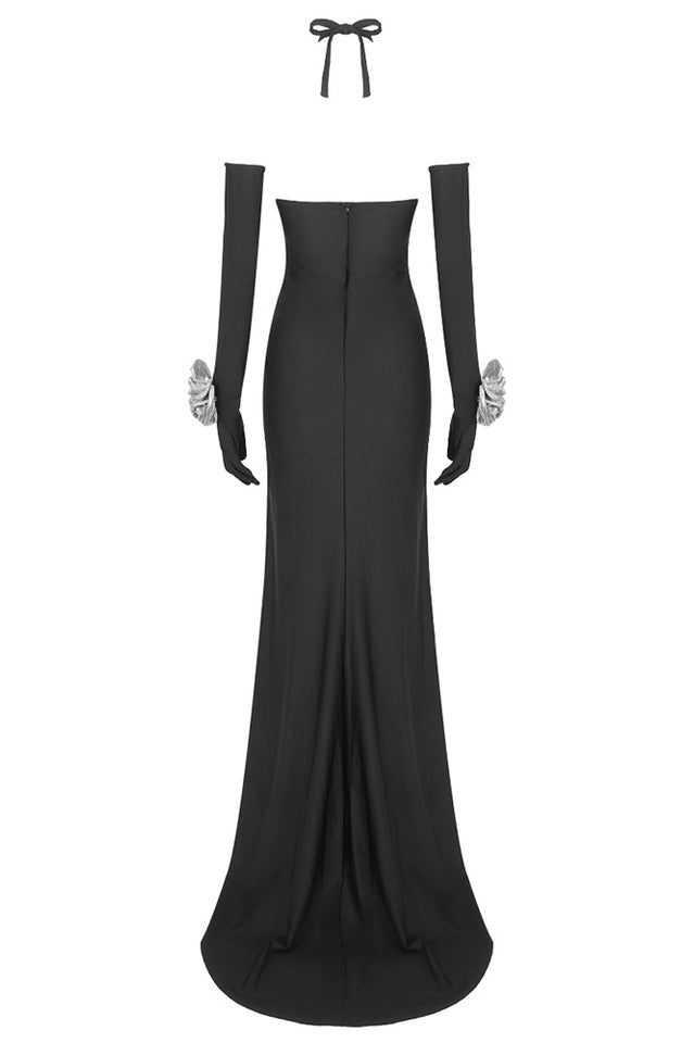 Halter Keyhole Neck Floral Rosette High Slit Maxi Gown