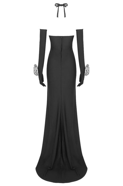 Halter Keyhole Neck Floral Rosette High Slit Maxi Gown
