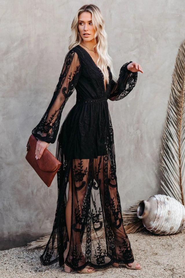 Deep V Neck Floral Lace Embroidered Long Sleeve Side Slit Maxi Dress