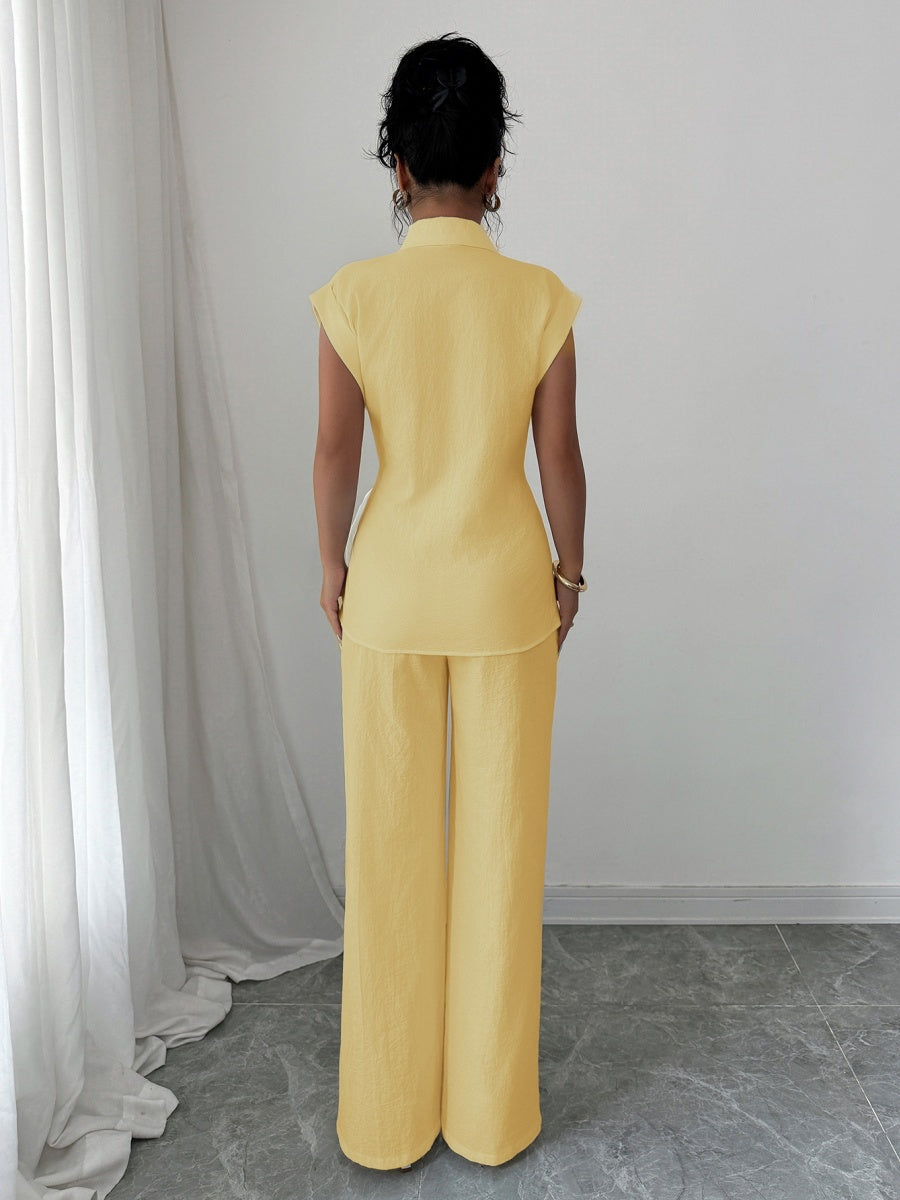 Lapel Sleeveless Kink Shirts Wide-leg Pants Business Suit 2-piece Sets