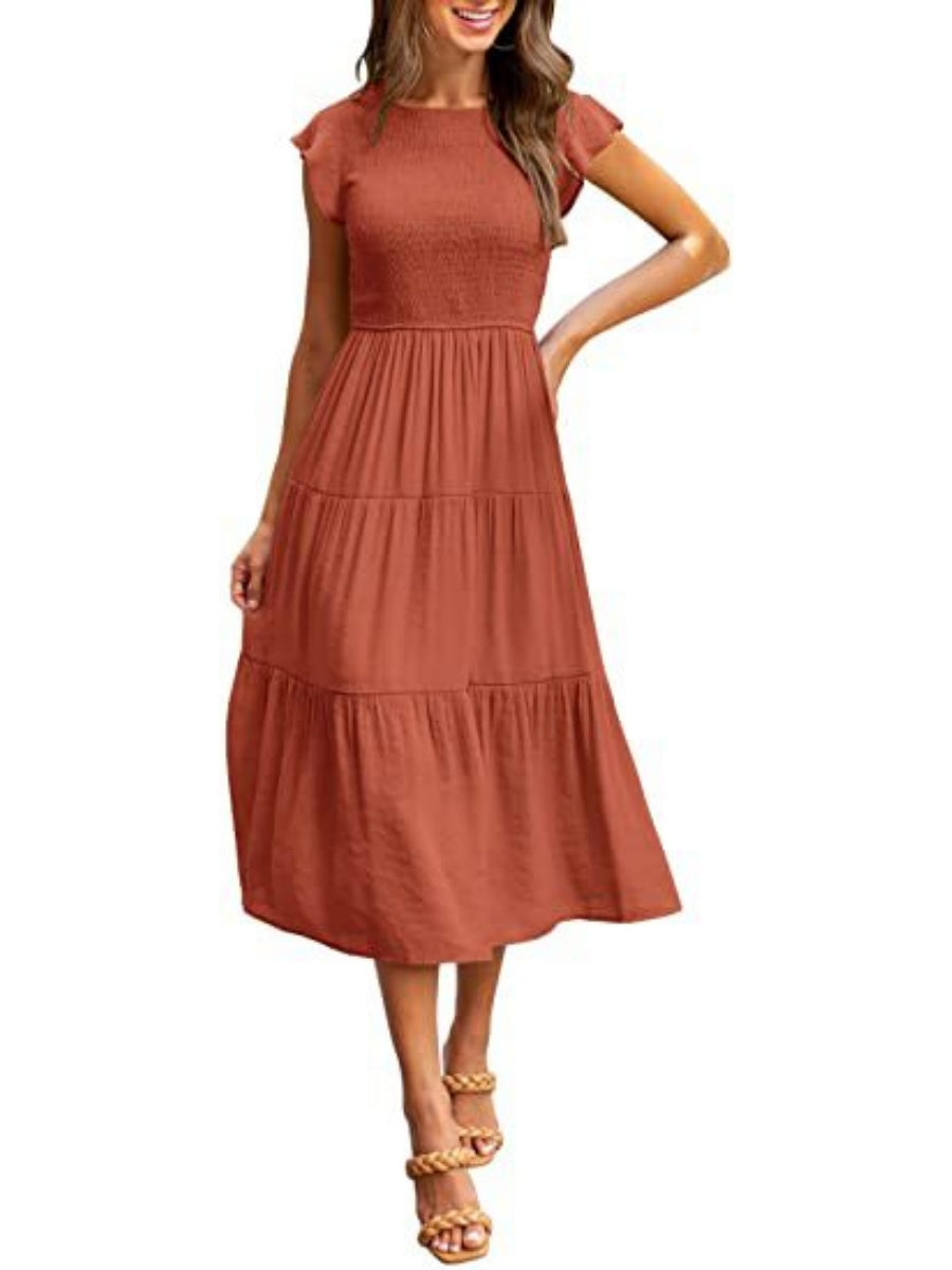 Solid Color Ruched Layered Short-sleeved Maxi Dress