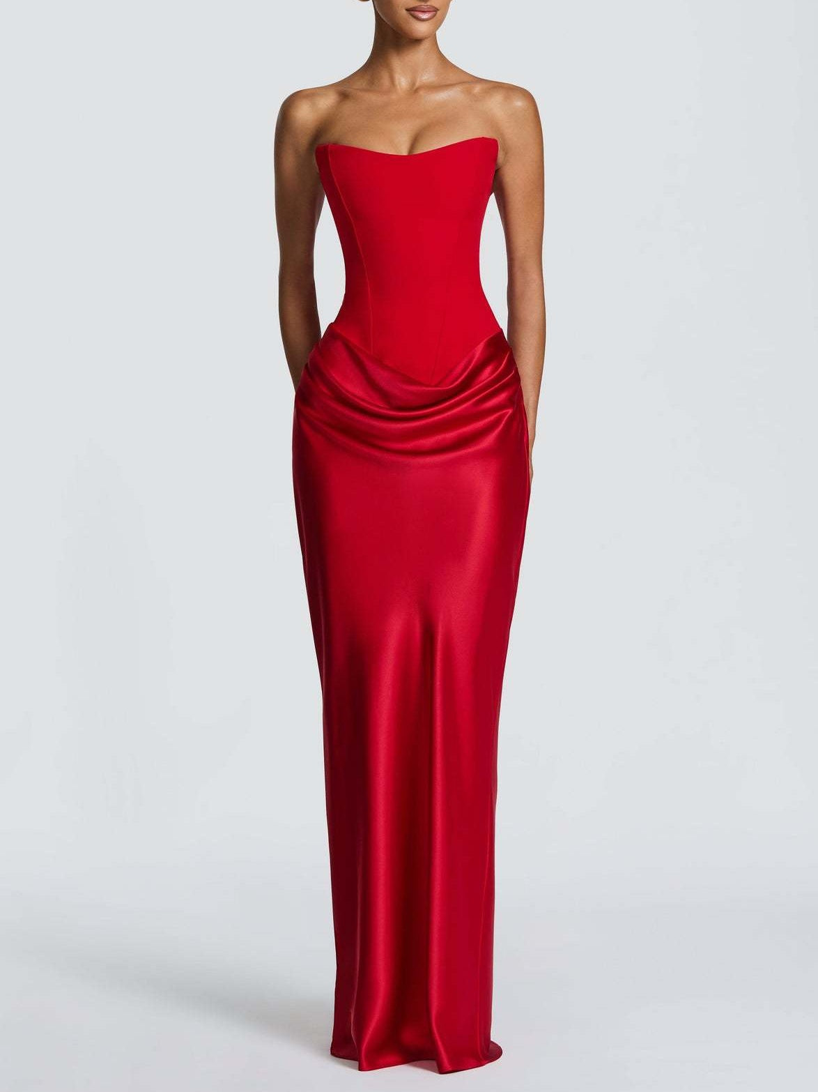 Satin Tie Ribbon Off-shoulder Sexy Strapless Bodycon Maxi Dress With Cinched Waist