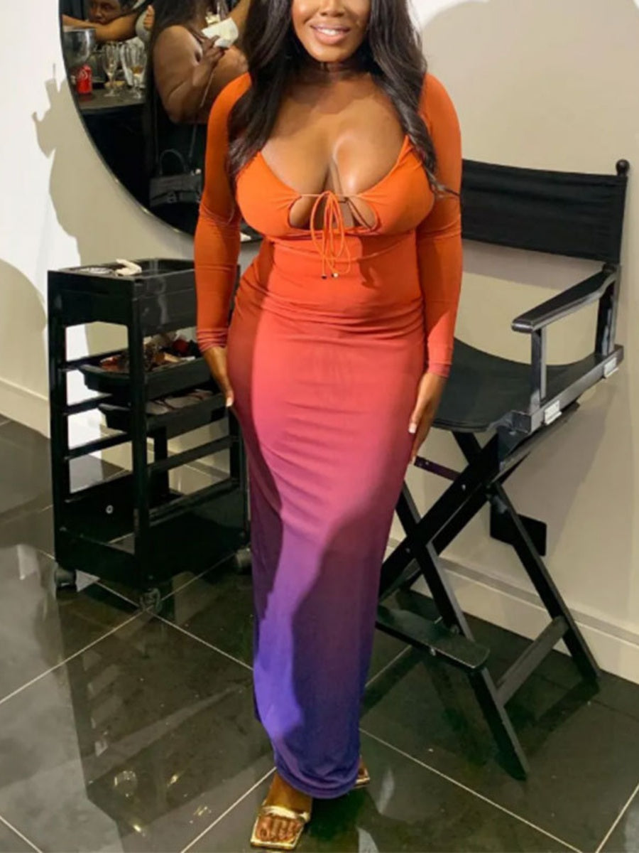 Deep V Gradient Backless Hip-hugging Sexy Stretch Maxi Dresses