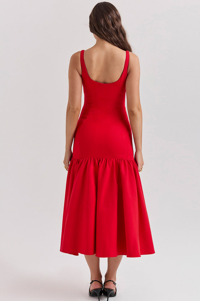 Scoop Neck Princess Seam Dropped Waist Flared Trumpet Midi Dress