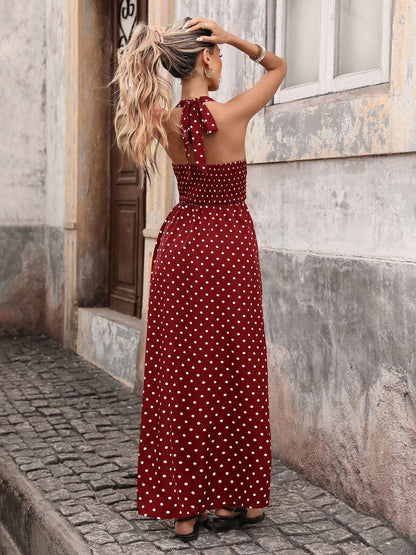 Halter V-neck Polka Dots Vacation Retro Maxi Dresses
