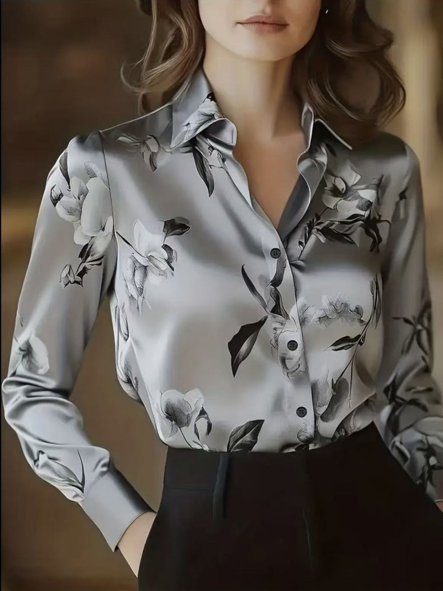 Printed Single-breasted Slim-fit Satin Casual Shirts