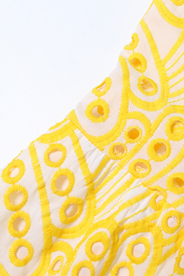 Eyelet Embroidery Spaghetti Strap Smocked Tiered Ruffle Hem Maxi Dress