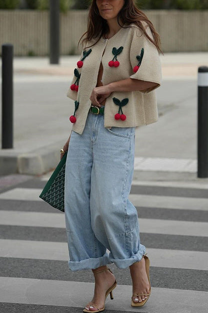 Margovil Short Sleeves Button Up Cherry Decorative Knit Sweater