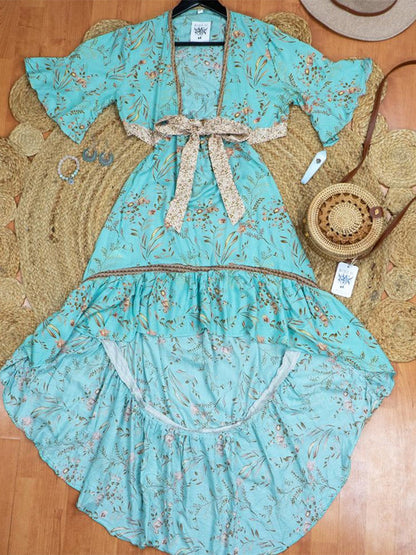 Deep V Neck Floral Print High Low Ruffle Lace Insert Maxi Dress