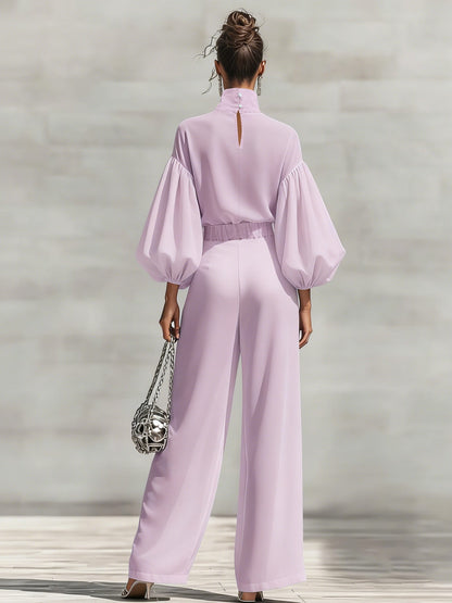 Chiffon Stand-up Collar Puff Sleeve High-waisted Draped Wide-leg Pants Two-piece Set