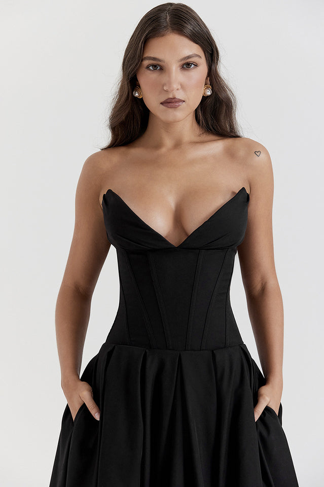 Strapless Deep Plunge Corset Boned Pleated A-Line Midi Dress