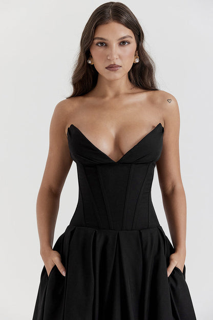 Strapless Deep Plunge Corset Boned Pleated A-Line Midi Dress