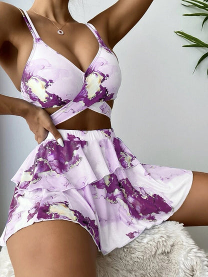 Marble Print Bikini Beach Dress Three-Piece Set