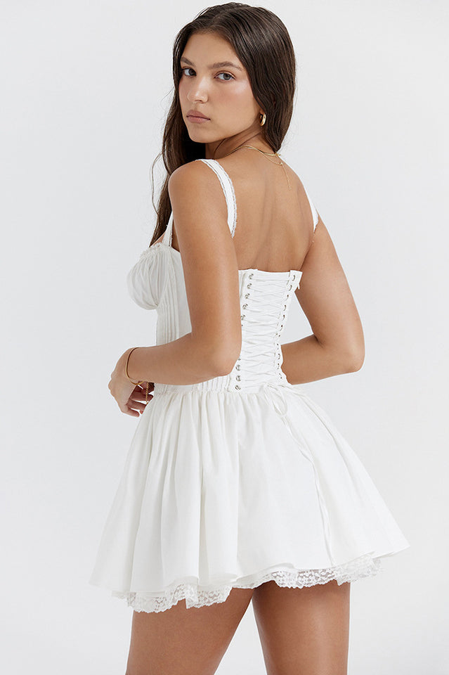 Square Neck Lace Trim Corset Bodice Pleated Fit and Flare Mini Dress