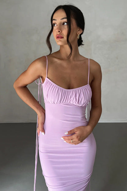 Deep V Back Tie Strap Ruched Gathered Back Bodycon Maxi Dress