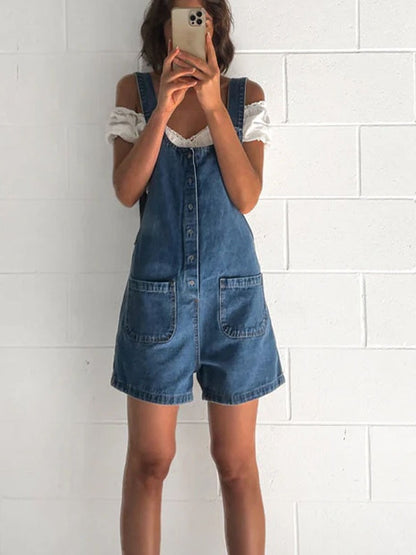 Straight-leg Denim Overalls Shorts