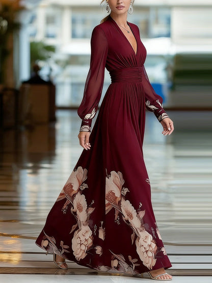 Mesh-paneled Fitted Floral Print Long Dress