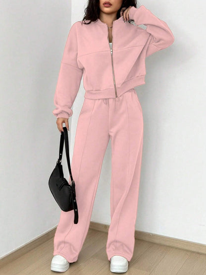 Sports And Leisure Solid Color Crew Neck Zipper 2-piece Sets