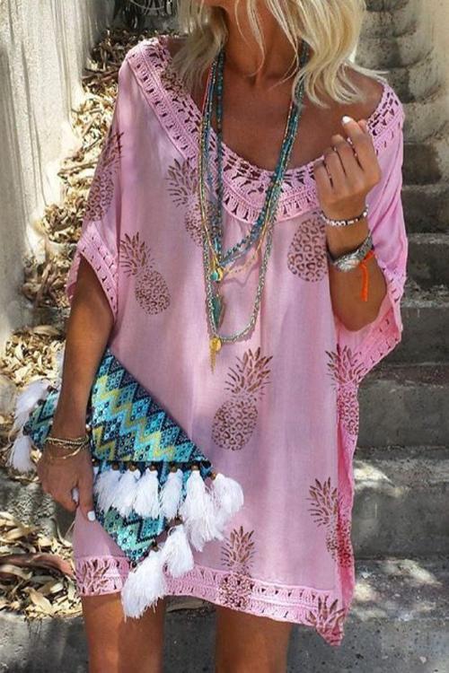Margovil V Neck Hollow Out Pineapple Printed Batwing Beach Dress