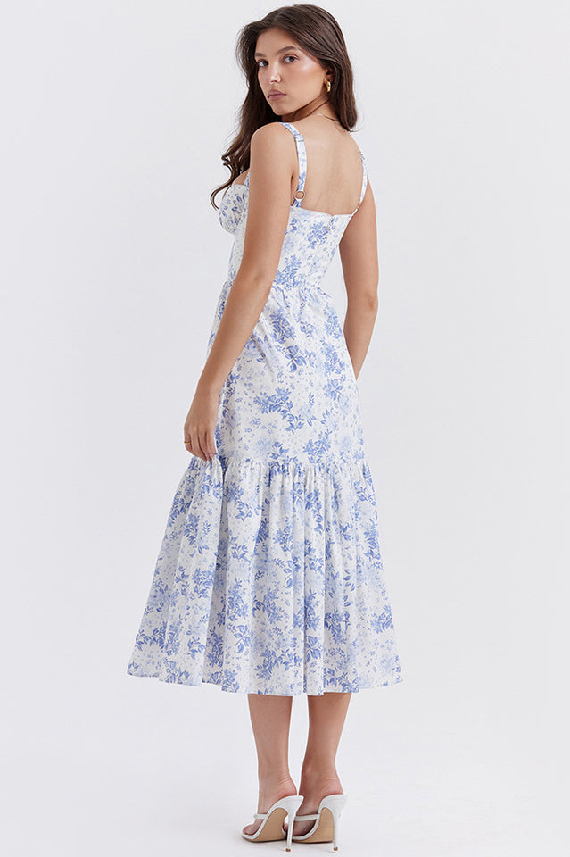 Floral Print Sweetheart Bustier Wide Strap Tiered Ruffle Hem Midi Dress