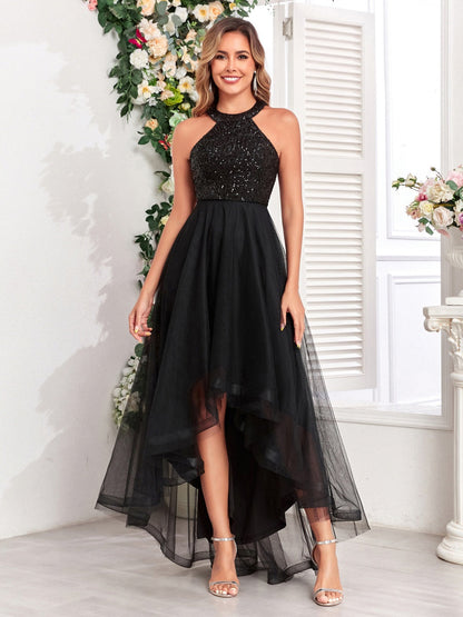 Halter Sequins Mesh Irregular Hem Formal Dress Maxi Dresses