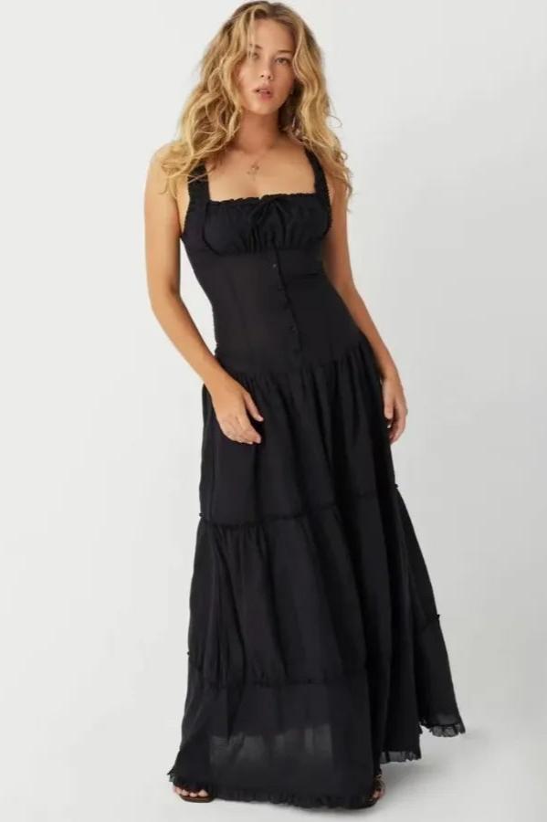 Square Neck Bow Tie Smocked Button Front Tiered Ruffle Maxi Dress