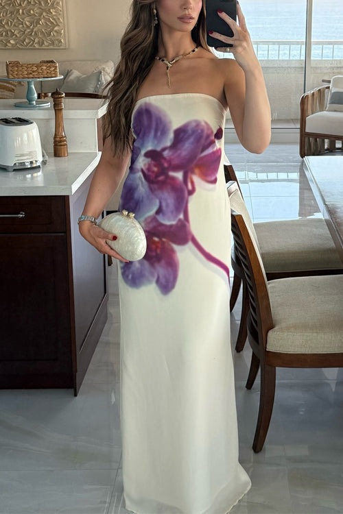 Margovil Elegant Strapless Floral Print Maxi Dress