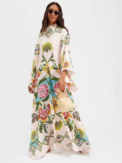 Floral Print Three-quarter Sleeve Stand Collar Long Dress