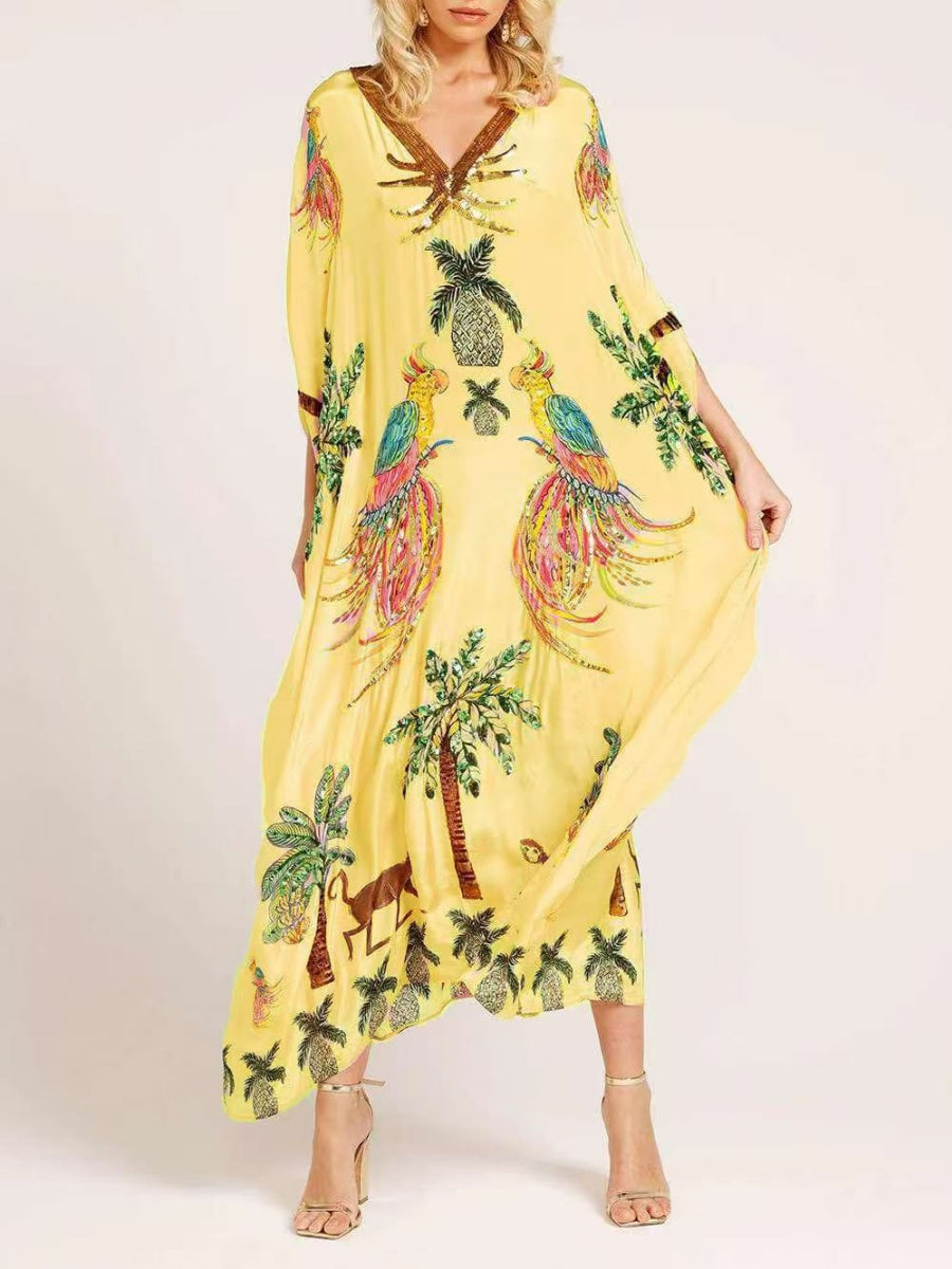 V-neck Floral Print Loose-fitting Long Dress